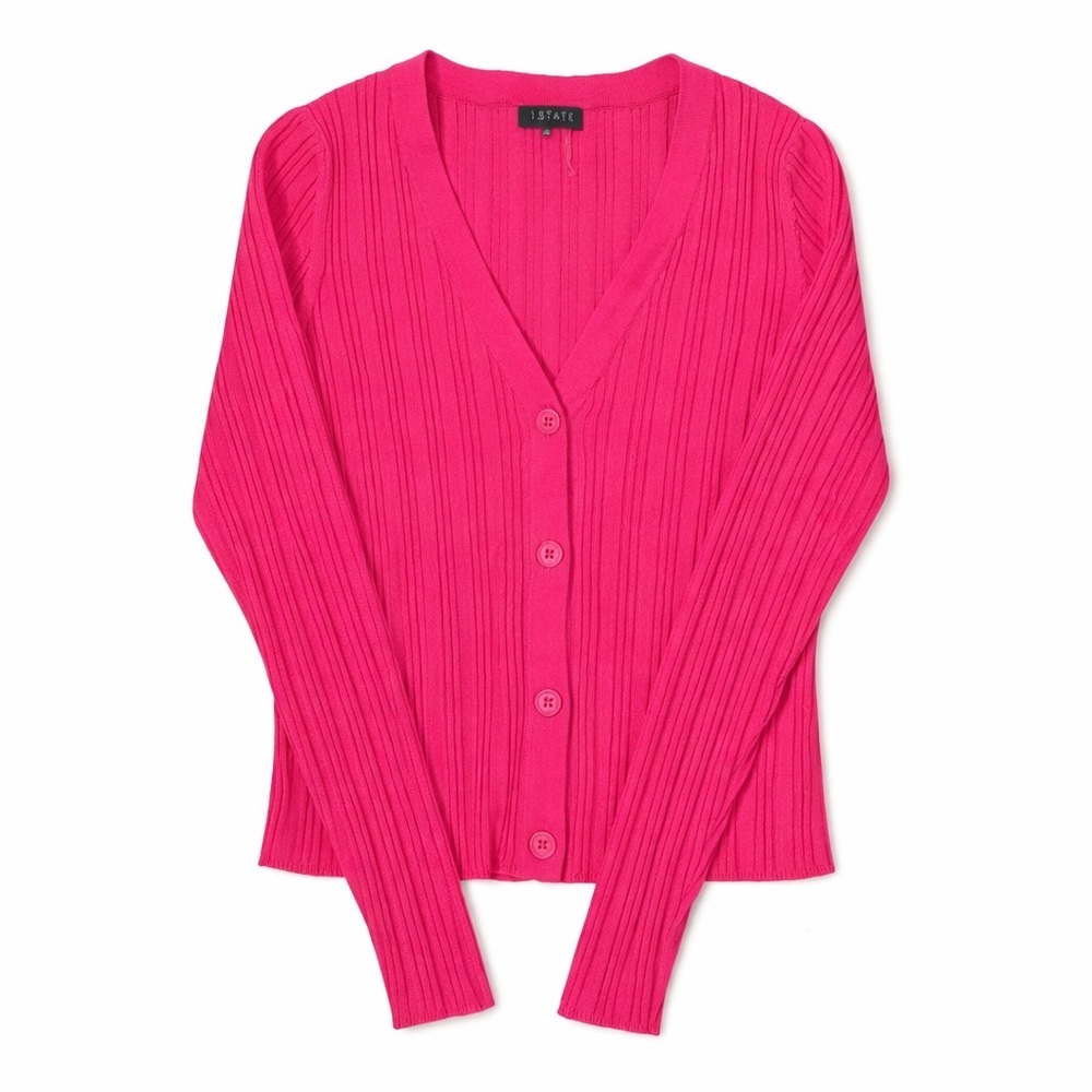 1. State Fuchsia Ribbed V‑Neck Button Cardigan - Picture 2 of 2